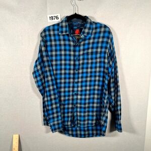 Richlook Flannel Shirt Mens Medium Blue Plaid Casual Wear High Low Hem Button Up
